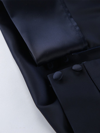 ネイビーブルーのサテンミニドレス（レディース） - エレガントなギャザー入りスタンドカラー、フレアスリーブ - 2026年春のカクテルパーティーに最適