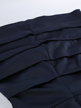 ネイビーブルーのサテンミニドレス（レディース） - エレガントなギャザー入りスタンドカラー、フレアスリーブ - 2026年春のカクテルパーティーに最適