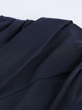 ネイビーブルーのサテンミニドレス（レディース） - エレガントなギャザー入りスタンドカラー、フレアスリーブ - 2026年春のカクテルパーティーに最適