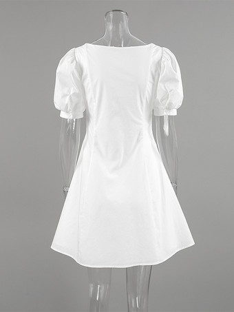 Breathable Cotton Mini Dress Women - White Cottagecore Puff Sleeve Ruched Square Neck - Summer Garden Party Date Night 2026