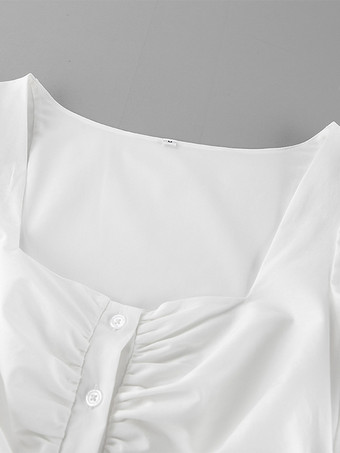 Breathable Cotton Mini Dress Women - White Cottagecore Puff Sleeve Ruched Square Neck - Summer Garden Party Date Night 2026