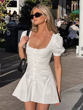 short white cottagecore dress White Womens Casual Boho V-Neck Ruffled Doll Dress Summer Picnic  Cottagecore Short Dress