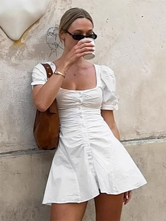 Breathable Cotton Mini Dress Women - White Cottagecore Puff Sleeve Ruched Square Neck - Summer Garden Party Date Night 2026