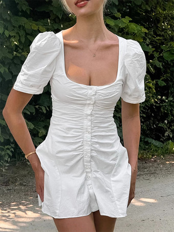 Breathable Cotton Mini Dress Women - White Cottagecore Puff Sleeve Ruched Square Neck - Summer Garden Party Date Night 2026