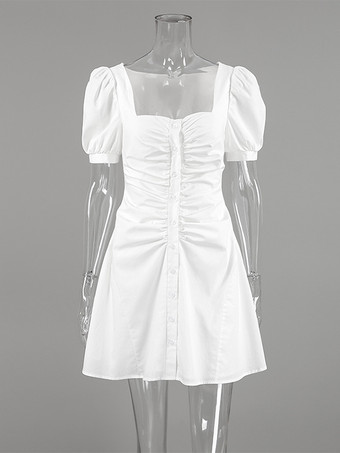 Breathable Cotton Mini Dress Women - White Cottagecore Puff Sleeve Ruched Square Neck - Summer Garden Party Date Night 2026