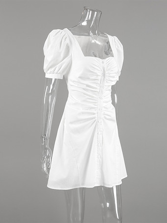 Breathable Cotton Mini Dress Women - White Cottagecore Puff Sleeve Ruched Square Neck - Summer Garden Party Date Night 2026