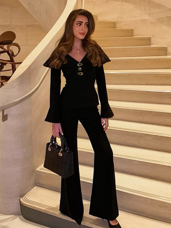 ブラック エレガントなツーピースセット レディース トラウザースーツ - ヴィンテージ風の大きな襟、ゴールドボタン、ベルスリーブ - 2026年春のガラ・イブニング衣装