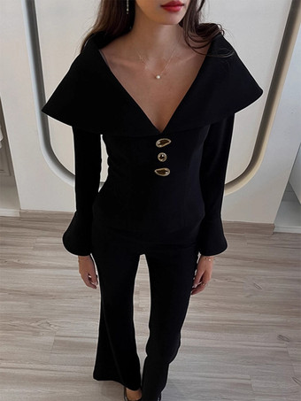 エレガントなツーピースセット レディース トラウザースーツ - ヴィンテージ風の大きな襟、ゴールドボタン、ベルスリーブ - 2026年春のガラ・イブニング衣装