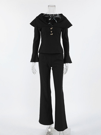 エレガントなツーピースセット レディース トラウザースーツ - ヴィンテージ風の大きな襟、ゴールドボタン、ベルスリーブ - 2026年春のガラ・イブニング衣装