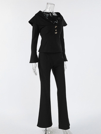 エレガントなツーピースセット レディース トラウザースーツ - ヴィンテージ風の大きな襟、ゴールドボタン、ベルスリーブ - 2026年春のガラ・イブニング衣装