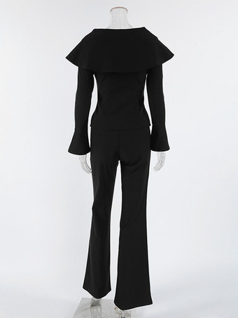 エレガントなツーピースセット レディース トラウザースーツ - ヴィンテージ風の大きな襟、ゴールドボタン、ベルスリーブ - 2026年春のガラ・イブニング衣装