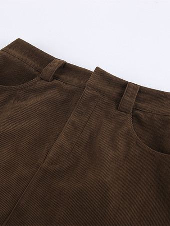 ブラウンコーデュロイレディースミニスカート - レトロハイウエストスリムフィットAライン - 2026年春カジュアルストリートウェア