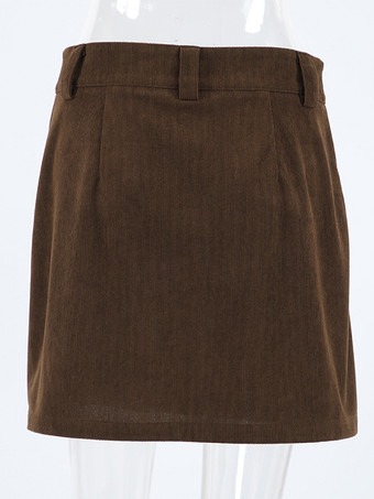 ブラウンコーデュロイレディースミニスカート - レトロハイウエストスリムフィットAライン - 2026年春カジュアルストリートウェア