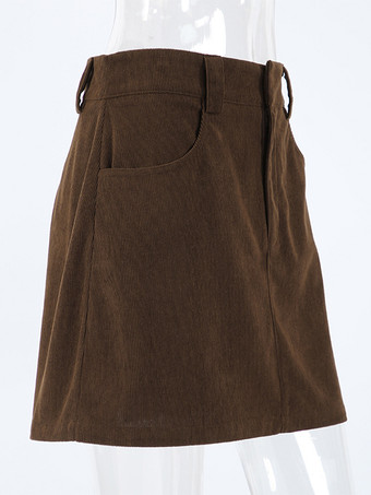 ブラウンコーデュロイレディースミニスカート - レトロハイウエストスリムフィットAライン - 2026年春カジュアルストリートウェア