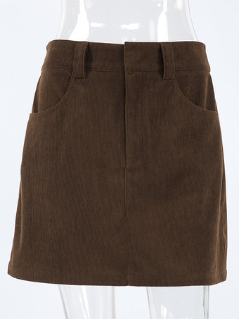 ブラウンコーデュロイレディースミニスカート - レトロハイウエストスリムフィットAライン - 2026年春カジュアルストリートウェア