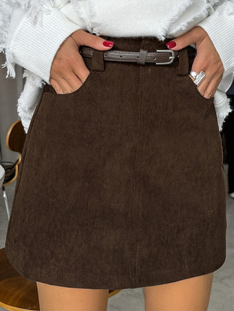 ブラウンコーデュロイレディースミニスカート - レトロハイウエストスリムフィットAライン - 2026年春カジュアルストリートウェア