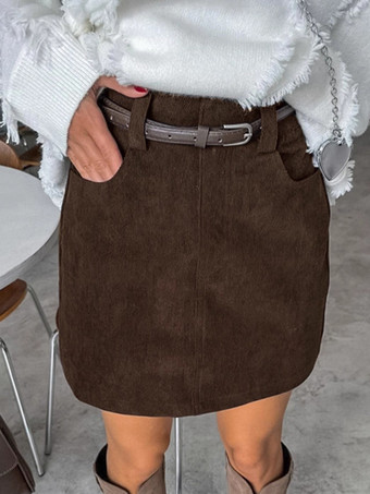 ブラウンコーデュロイレディースミニスカート - レトロハイウエストスリムフィットAライン - 2026年春カジュアルストリートウェア