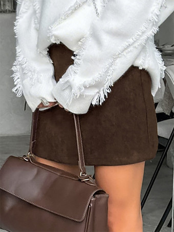 ディープブラウンブラウンコーデュロイレディースミニスカート - レトロハイウエストスリムフィットAライン - 2026年春カジュアルストリートウェア