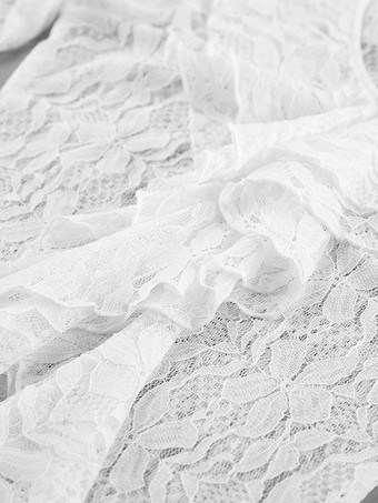 ホワイトフローラルレースのレディースブラウス - エレガントなフリルフレアスリーブシースルートップ - コケットフェアリーコアスプリングナイトアウトクラブウェア2026