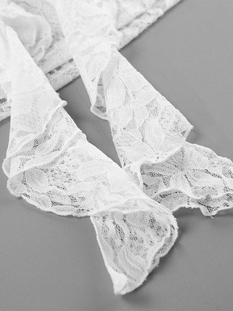 ホワイトフローラルレースのレディースブラウス - エレガントなフリルフレアスリーブシースルートップ - コケットフェアリーコアスプリングナイトアウトクラブウェア2026