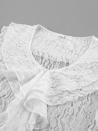 ホワイトフローラルレースのレディースブラウス - エレガントなフリルフレアスリーブシースルートップ - コケットフェアリーコアスプリングナイトアウトクラブウェア2026