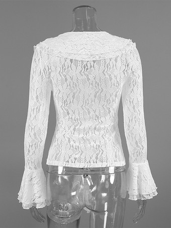 ホワイトフローラルレースのレディースブラウス - エレガントなフリルフレアスリーブシースルートップ - コケットフェアリーコアスプリングナイトアウトクラブウェア2026