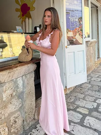 light pink vacation dress SHEIN Belle Light Pink Mesh Romantic Vacation Dress