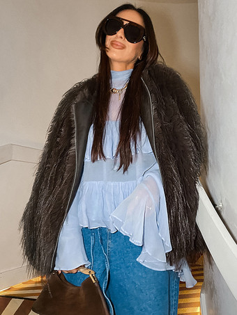 ティアードフリルライトブルーレディースブラウス - エレガントなハイネックベルスリーブトップス - ボヘミアンシックビーチウェア 2026