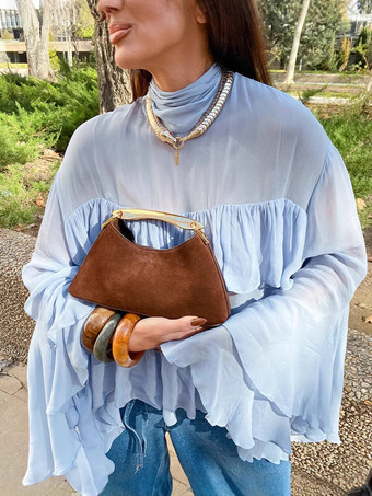 ティアードフリルライトブルーレディースブラウス - エレガントなハイネックベルスリーブトップス - ボヘミアンシックビーチウェア 2026