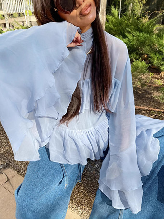 ブルー ティアードフリルライトブルーレディースブラウス - エレガントなハイネックベルスリーブトップス - ボヘミアンシックビーチウェア 2026