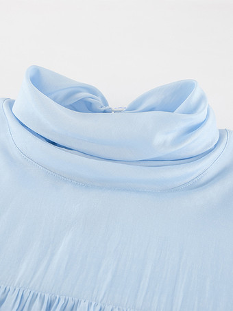 ティアードフリルライトブルーレディースブラウス - エレガントなハイネックベルスリーブトップス - ボヘミアンシックビーチウェア 2026