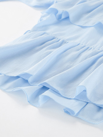 ティアードフリルライトブルーレディースブラウス - エレガントなハイネックベルスリーブトップス - ボヘミアンシックビーチウェア 2026