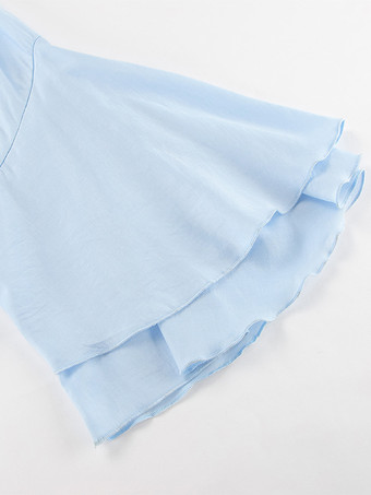 ティアードフリルライトブルーレディースブラウス - エレガントなハイネックベルスリーブトップス - ボヘミアンシックビーチウェア 2026