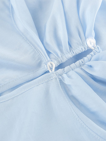 ティアードフリルライトブルーレディースブラウス - エレガントなハイネックベルスリーブトップス - ボヘミアンシックビーチウェア 2026