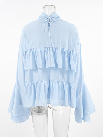 ティアードフリルライトブルーレディースブラウス - エレガントなハイネックベルスリーブトップス - ボヘミアンシックビーチウェア 2026