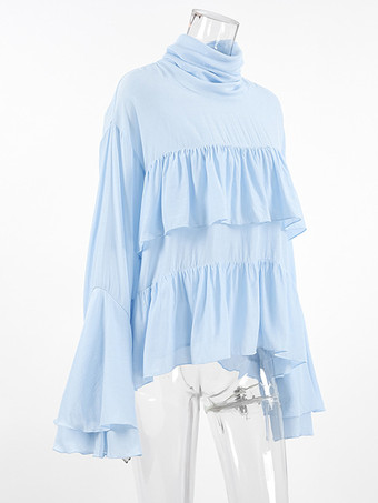 ティアードフリルライトブルーレディースブラウス - エレガントなハイネックベルスリーブトップス - ボヘミアンシックビーチウェア 2026