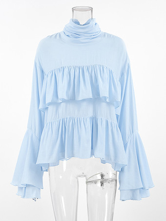 ティアードフリルライトブルーレディースブラウス - エレガントなハイネックベルスリーブトップス - ボヘミアンシックビーチウェア 2026
