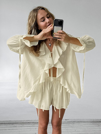 フリルシャツとショートパンツのツーピースセット（レディース） - クリーム色のボヘミアン風フレアスリーブ、フロントタイ - 夏のビーチバケーション衣装 2026