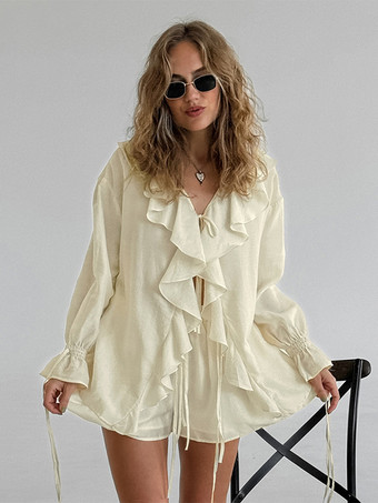 フリルシャツとショートパンツのツーピースセット（レディース） - クリーム色のボヘミアン風フレアスリーブ、フロントタイ - 夏のビーチバケーション衣装 2026