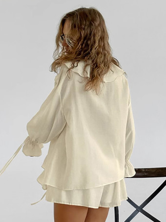 フリルシャツとショートパンツのツーピースセット（レディース） - クリーム色のボヘミアン風フレアスリーブ、フロントタイ - 夏のビーチバケーション衣装 2026