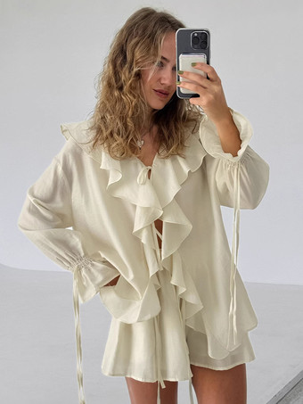 肌色フリルシャツとショートパンツのツーピースセット（レディース） - クリーム色のボヘミアン風フレアスリーブ、フロントタイ - 夏のビーチバケーション衣装 2026