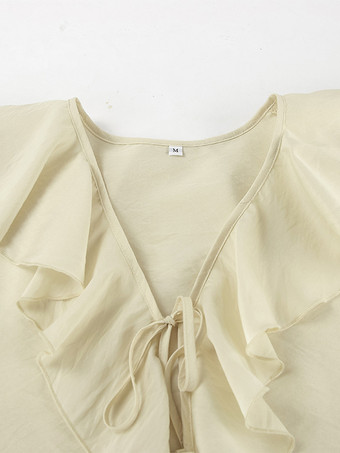 フリルシャツとショートパンツのツーピースセット（レディース） - クリーム色のボヘミアン風フレアスリーブ、フロントタイ - 夏のビーチバケーション衣装 2026