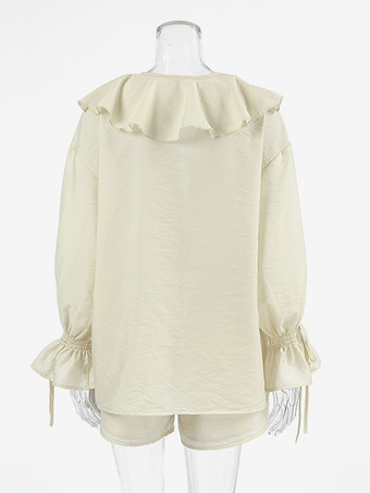 フリルシャツとショートパンツのツーピースセット（レディース） - クリーム色のボヘミアン風フレアスリーブ、フロントタイ - 夏のビーチバケーション衣装 2026