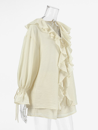 フリルシャツとショートパンツのツーピースセット（レディース） - クリーム色のボヘミアン風フレアスリーブ、フロントタイ - 夏のビーチバケーション衣装 2026