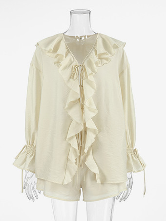 フリルシャツとショートパンツのツーピースセット（レディース） - クリーム色のボヘミアン風フレアスリーブ、フロントタイ - 夏のビーチバケーション衣装 2026