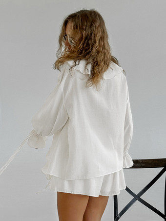 フリルシャツとショートパンツのツーピースセット（レディース） - クリーム色のボヘミアン風フレアスリーブ、フロントタイ - 夏のビーチバケーション衣装 2026