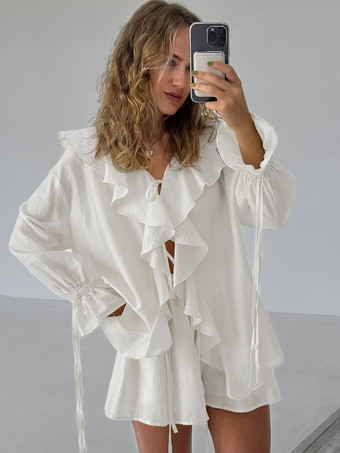 ホワイト フリルシャツとショートパンツのツーピースセット（レディース） - クリーム色のボヘミアン風フレアスリーブ、フロントタイ - 夏のビーチバケーション衣装 2026