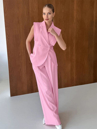 ピンクレディース用ノースリーブブレザーセット（ビジネスカジュアル） - ピンクのシックなダブルブレストテーラードカット - 2026年夏のワークスタイル