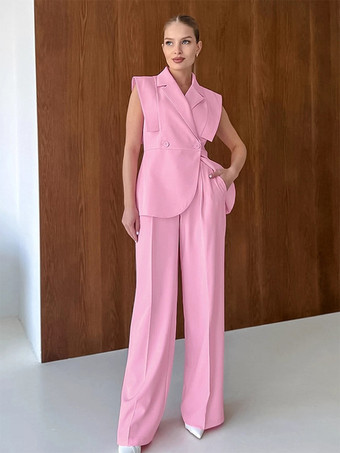 レディース用ノースリーブブレザーセット（ビジネスカジュアル） - ピンクのシックなダブルブレストテーラードカット - 2026年夏のワークスタイル