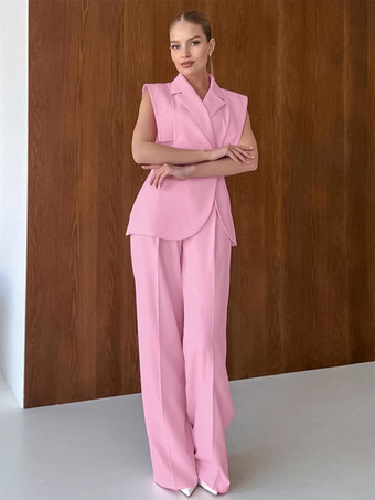 レディース用ノースリーブブレザーセット（ビジネスカジュアル） - ピンクのシックなダブルブレストテーラードカット - 2026年夏のワークスタイル